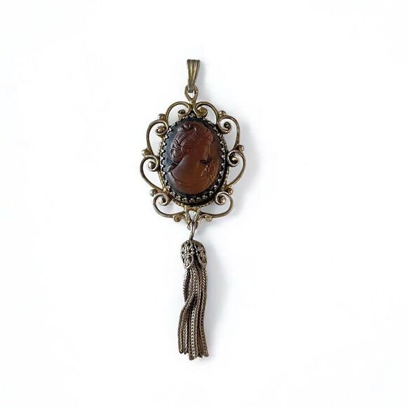 Vintage Whiting & Davis Glass Cameo Tassel Pendant - Picture 1 of 5